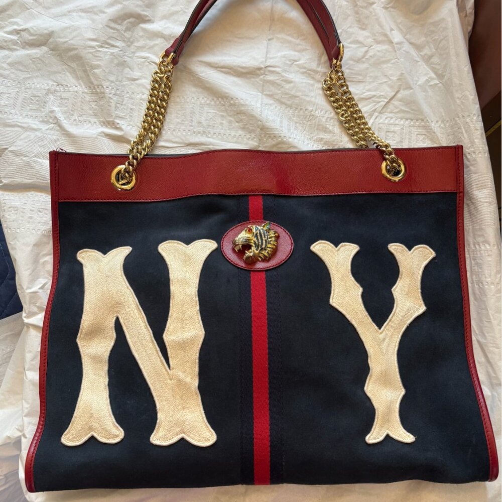 Gucci  X MLB Suede NY Yankees Rajah Chain Dark Blue and Red Large Tote Bag